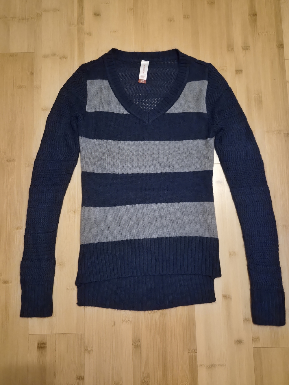 No Boundaries Striped V-Neck Sweater in Navy & Gray